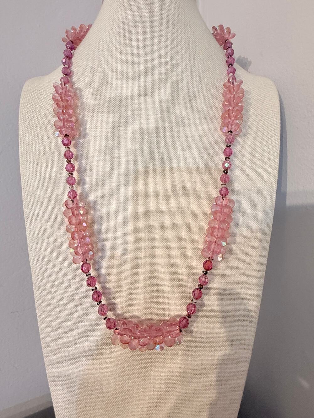 Vintage Pink Faceted Beaded Statement Necklace 28”